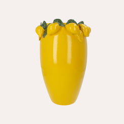 Yellow Ceramic Vase with Lemon Fruit Decorations