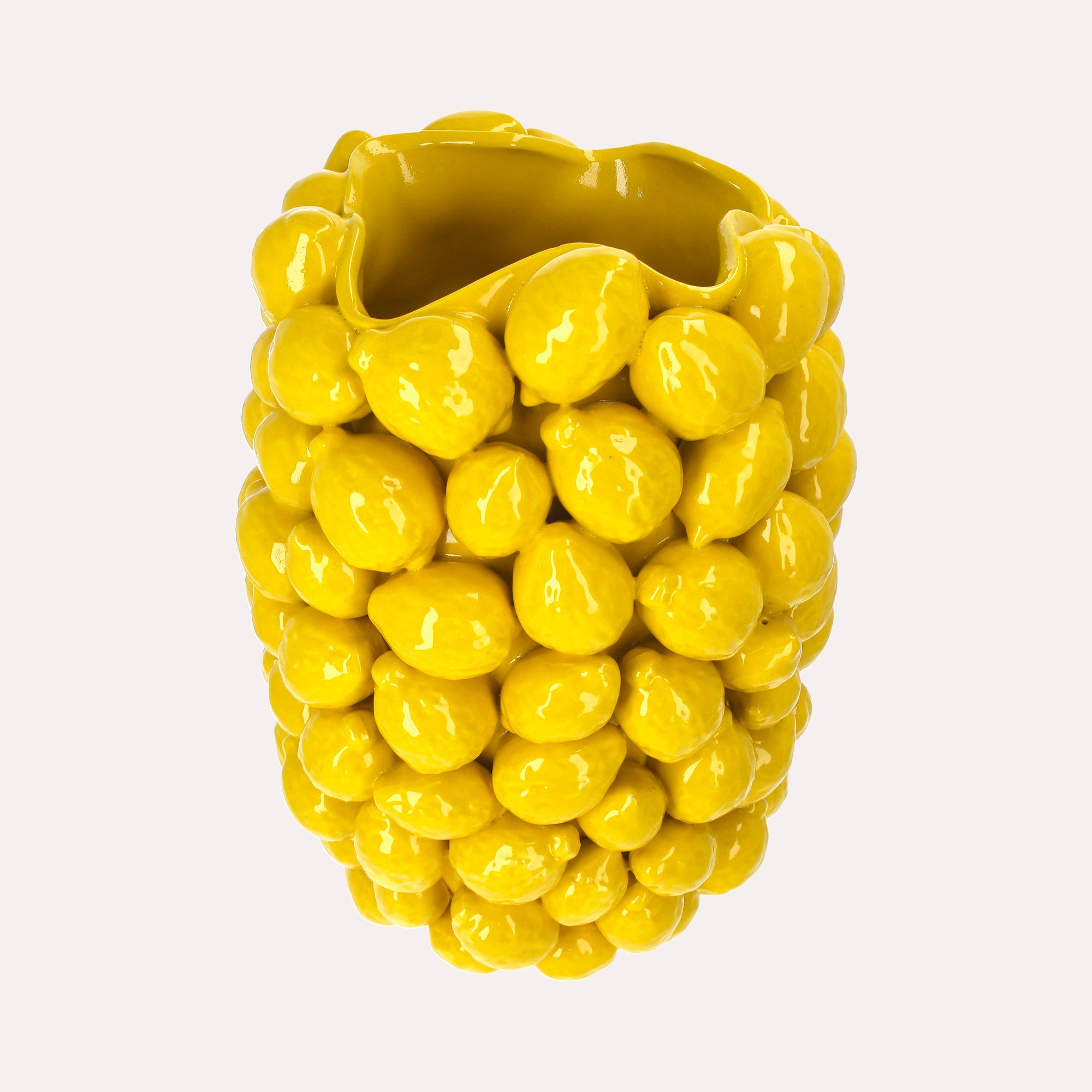 Vaso in Ceramica Gialla con Decori Limoni e Foglie