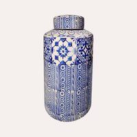 Potiche Elegante in Ceramica Beige con Decori Blu