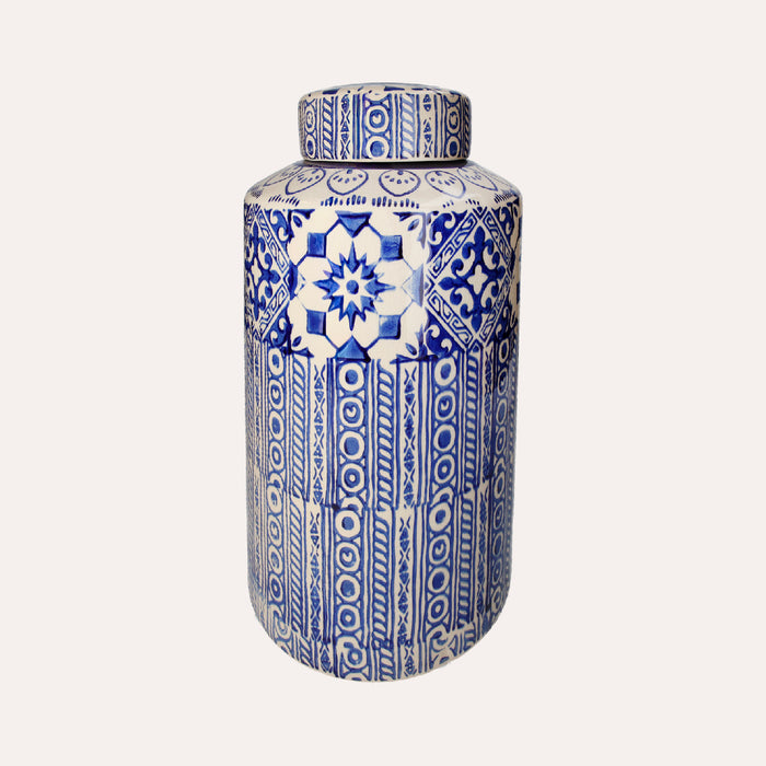 Potiche Elegante in Ceramica Beige con Decori Blu
