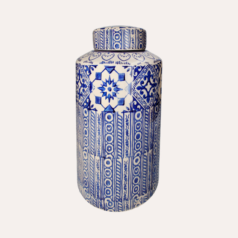 Potiche Elegante in Ceramica Beige con Decori Blu