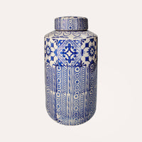 Potiche Elegante in Ceramica Beige con Decori Blu