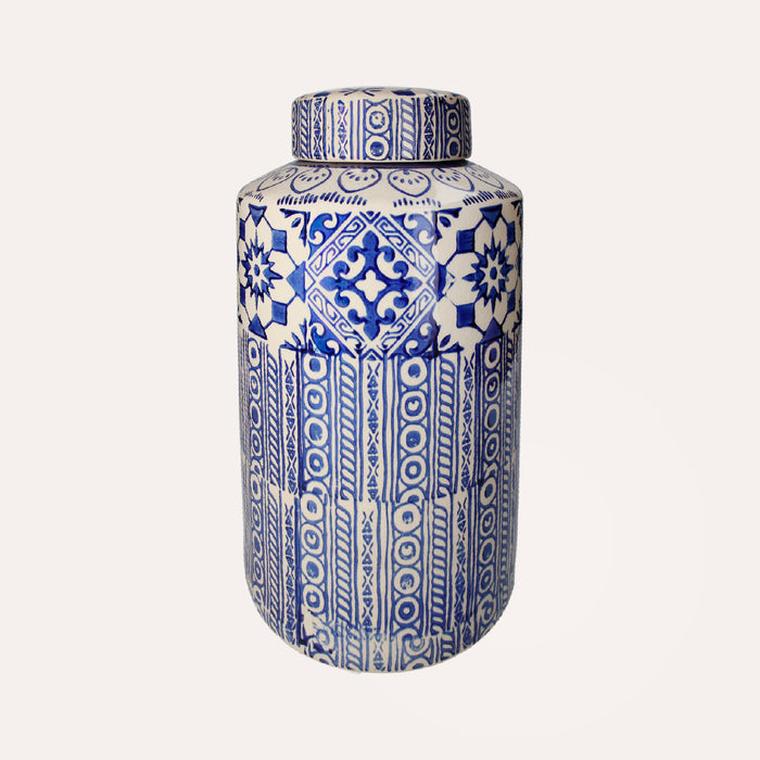 Potiche Elegante in Ceramica Beige con Decori Blu