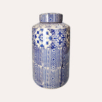 Potiche Elegante in Ceramica Beige con Decori Blu