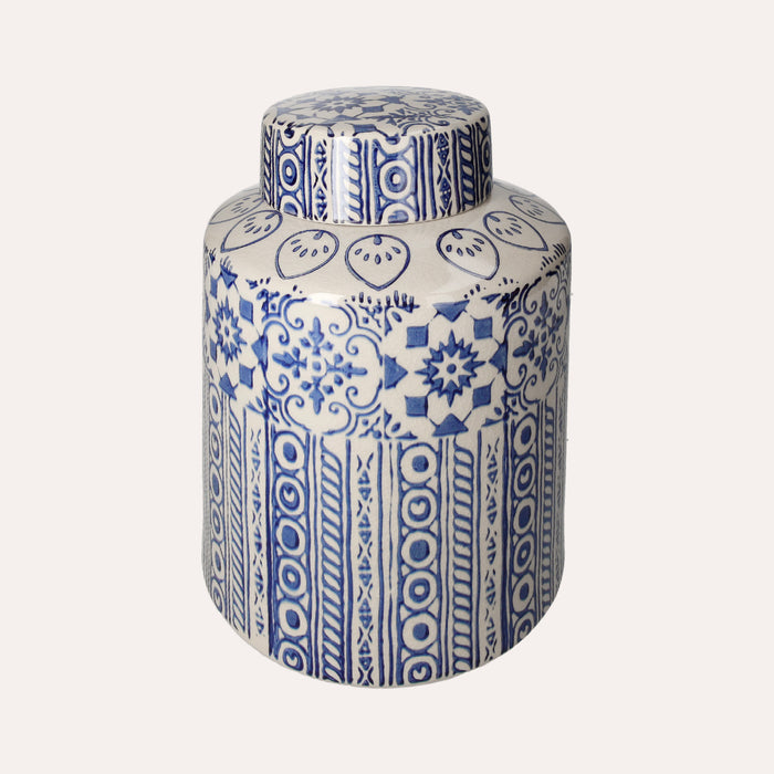 Potiche Elegante in Ceramica Beige con Decori Blu
