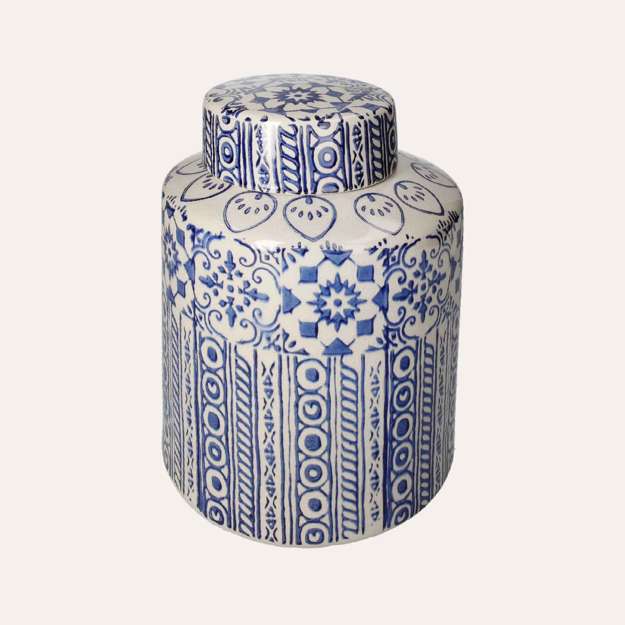 Potiche Elegante in Ceramica Beige con Decori Blu