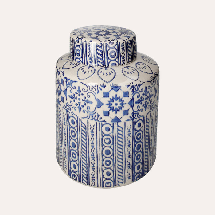 Potiche Elegante in Ceramica Beige con Decori Blu