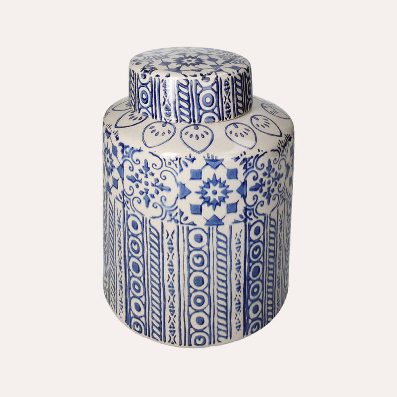 Potiche Elegante in Ceramica Beige con Decori Blu