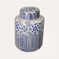 Potiche Elegante in Ceramica Beige con Decori Blu