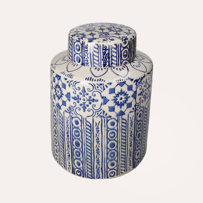 Potiche Elegante in Ceramica Beige con Decori Blu