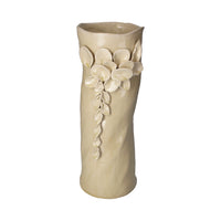Vaso Cilindrico Color Sabbia in Ceramica con Decorazioni di Petali - h. 34 cm