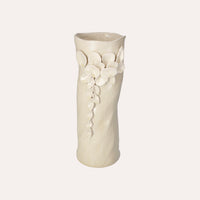 Vaso Cilindrico Color Sabbia in Ceramica con Decorazioni di Petali - h. 34 cm