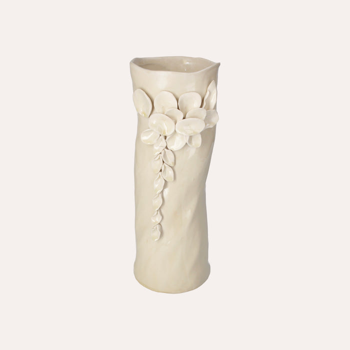 Vaso Cilindrico Color Sabbia in Ceramica con Decorazioni di Petali - h. 34 cm