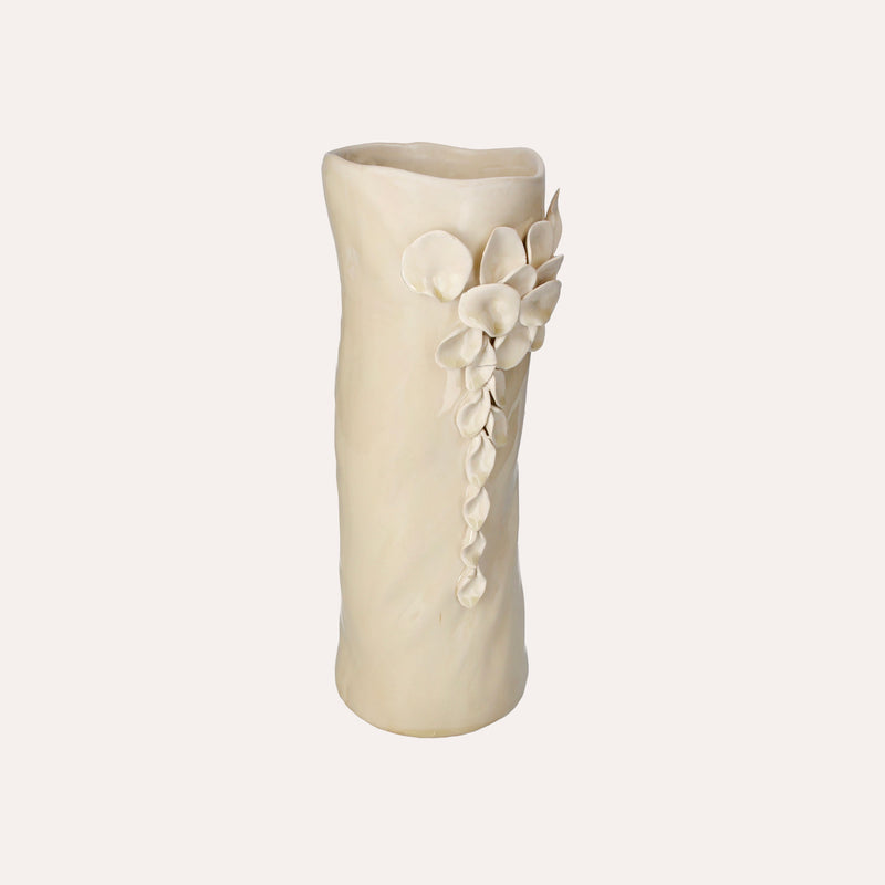 Vaso Cilindrico Color Sabbia in Ceramica con Decorazioni di Petali - h. 34 cm