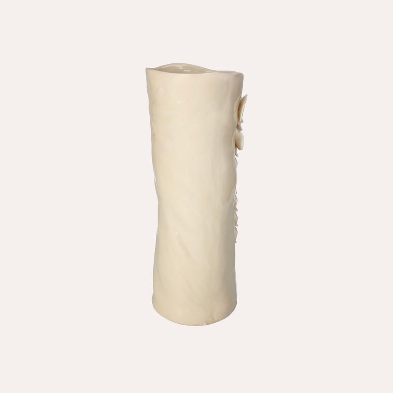 Vaso Cilindrico Color Sabbia in Ceramica con Decorazioni di Petali - h. 34 cm