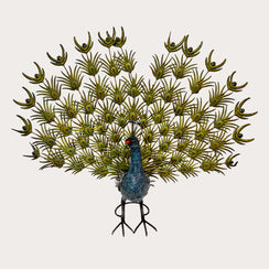 Elegant Peacock in Colored Iron for Outdoor Decoration