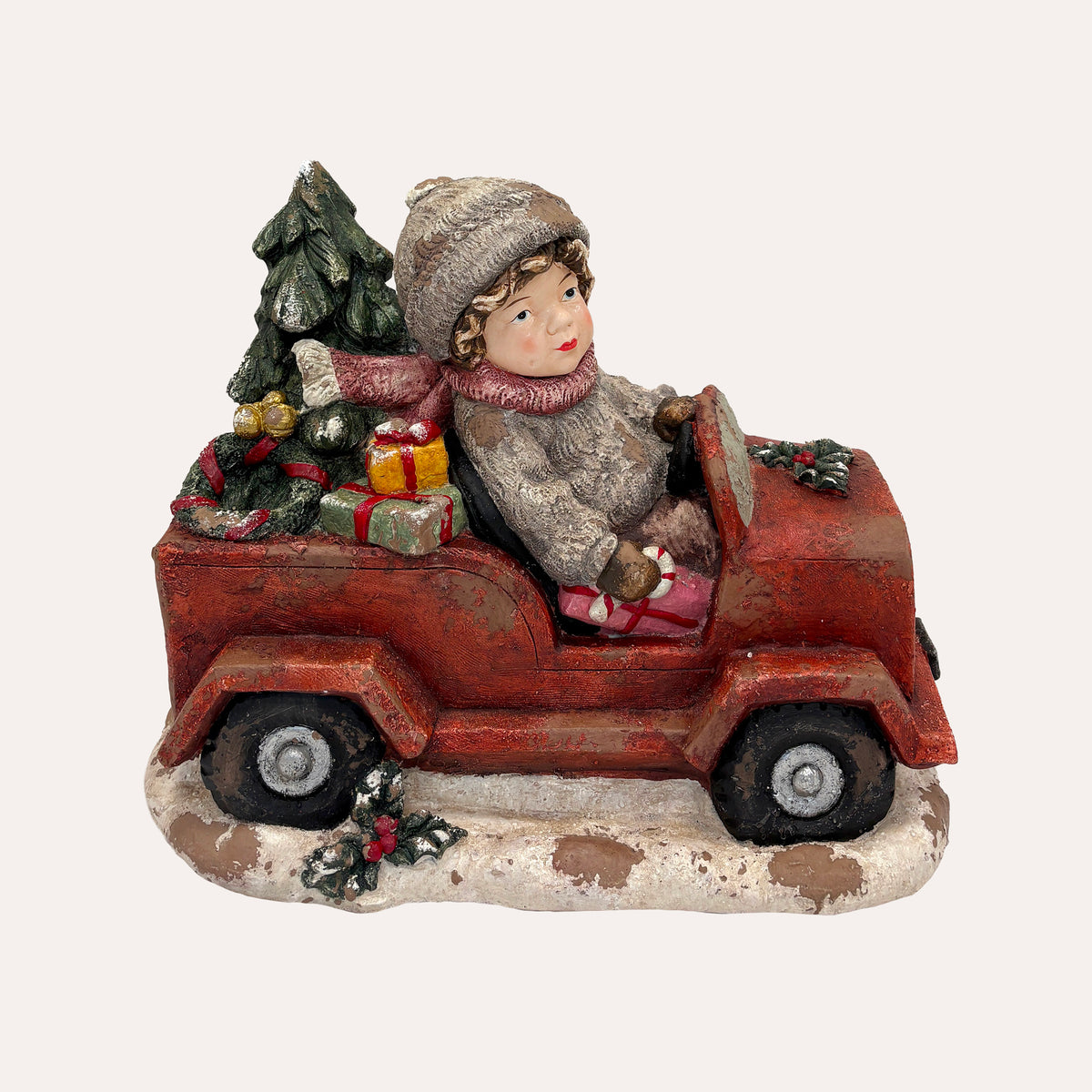 Bimbo con Macchina in Resina – Figurina Natalizia decorativa