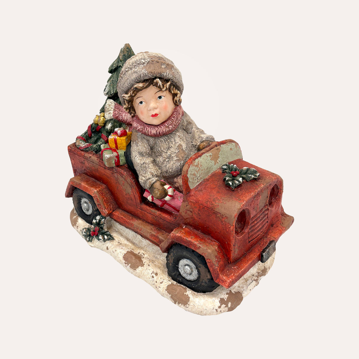 Bimbo con Macchina in Resina – Figurina Natalizia decorativa