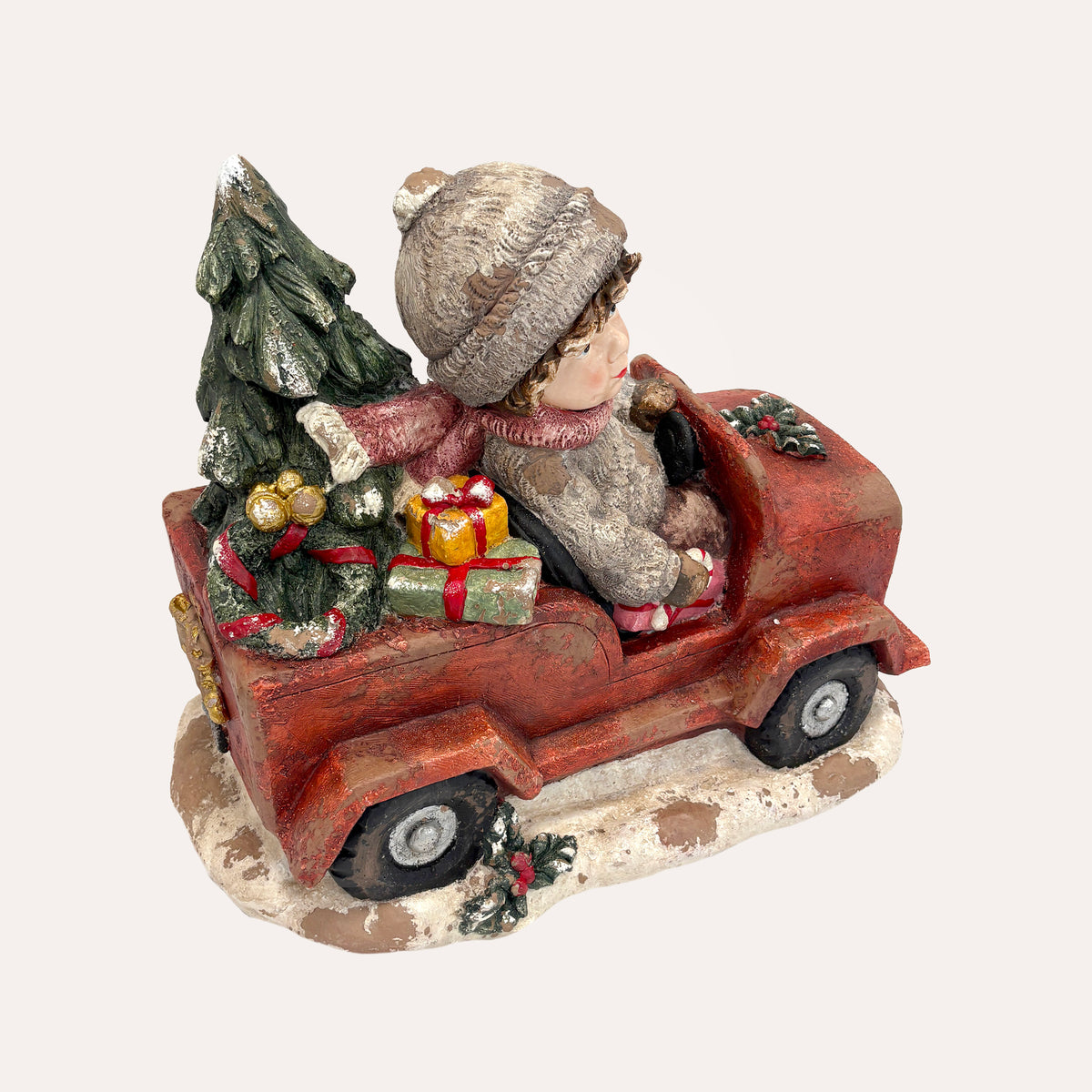 Bimbo con Macchina in Resina – Figurina Natalizia decorativa