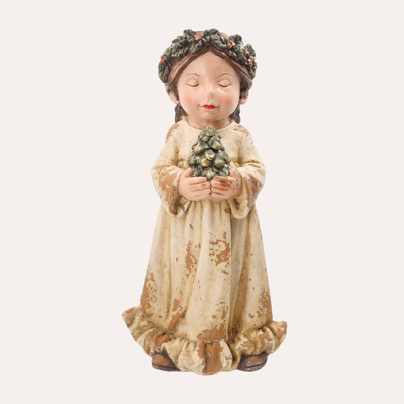 Fanciulla con Pino in Resina – Figurina Natalizia per arredo Interno ed Esterno