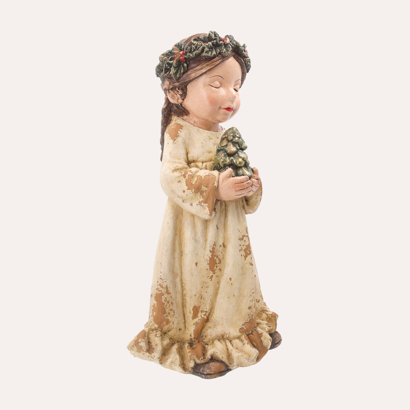 Fanciulla con Pino in Resina – Figurina Natalizia per arredo Interno ed Esterno