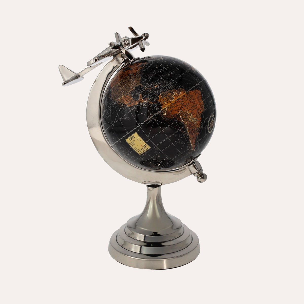 Mappamondo Decorativo con Aereo, soprammobile per Scrivanie e Ufficio – H27 x D20 cm