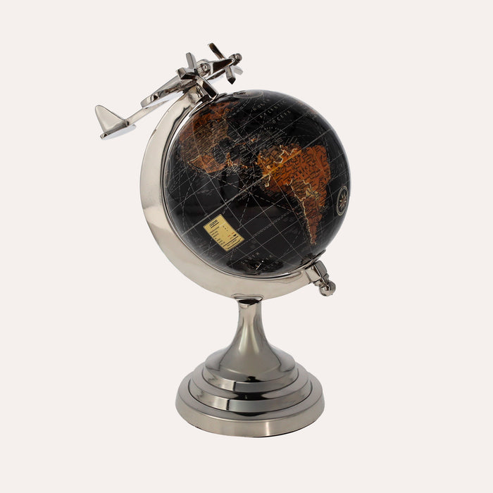 Mappamondo Decorativo con Aereo, soprammobile per Scrivanie e Ufficio – H27 x D20 cm