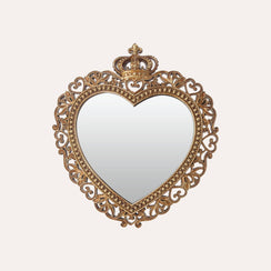 Specchio a Cuore con Corona in Resina Oro H.30x27 cm