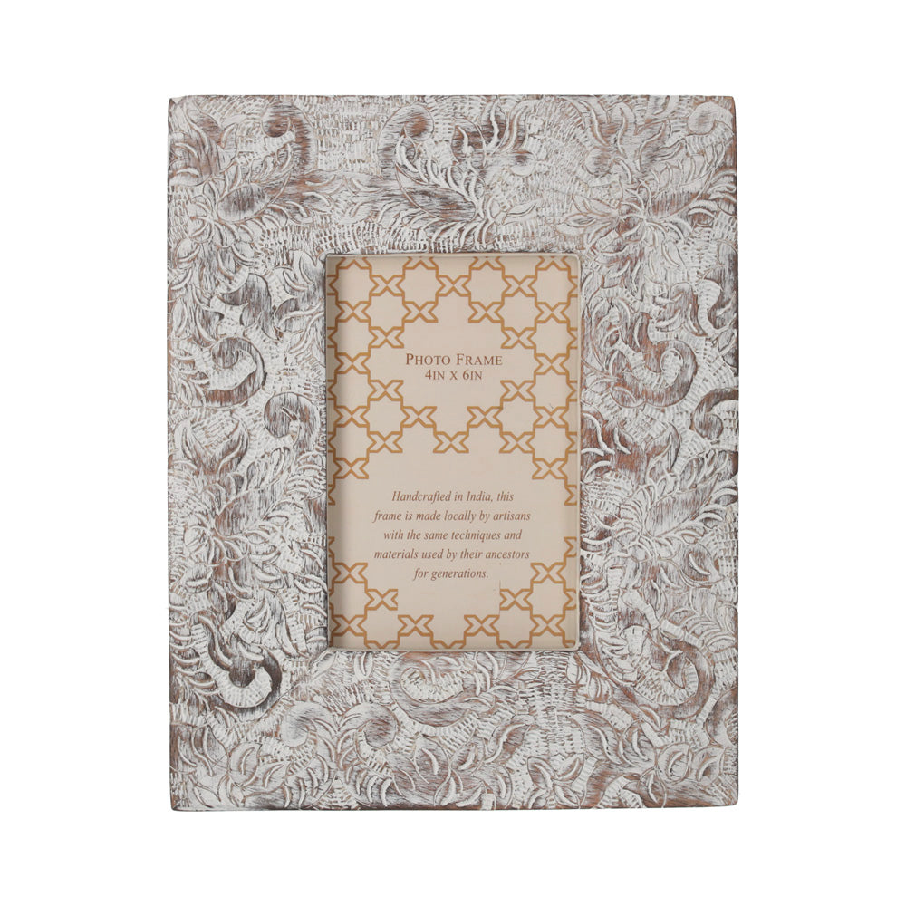 Cornice Portafoto Intagliata a Mano con Foglie Bianche