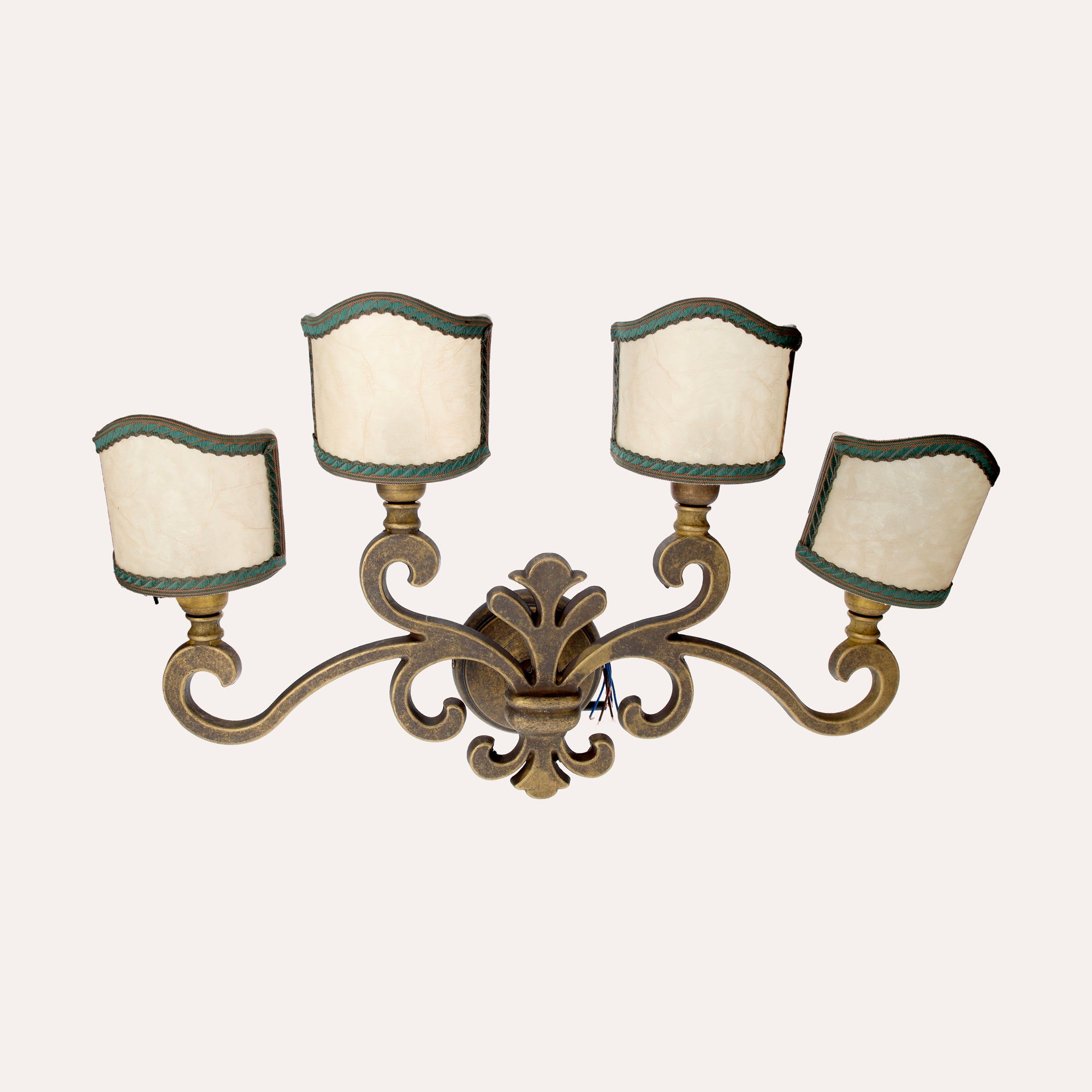Four-Light Brass Wall Sconce, Elegant Lighting with Green Fans