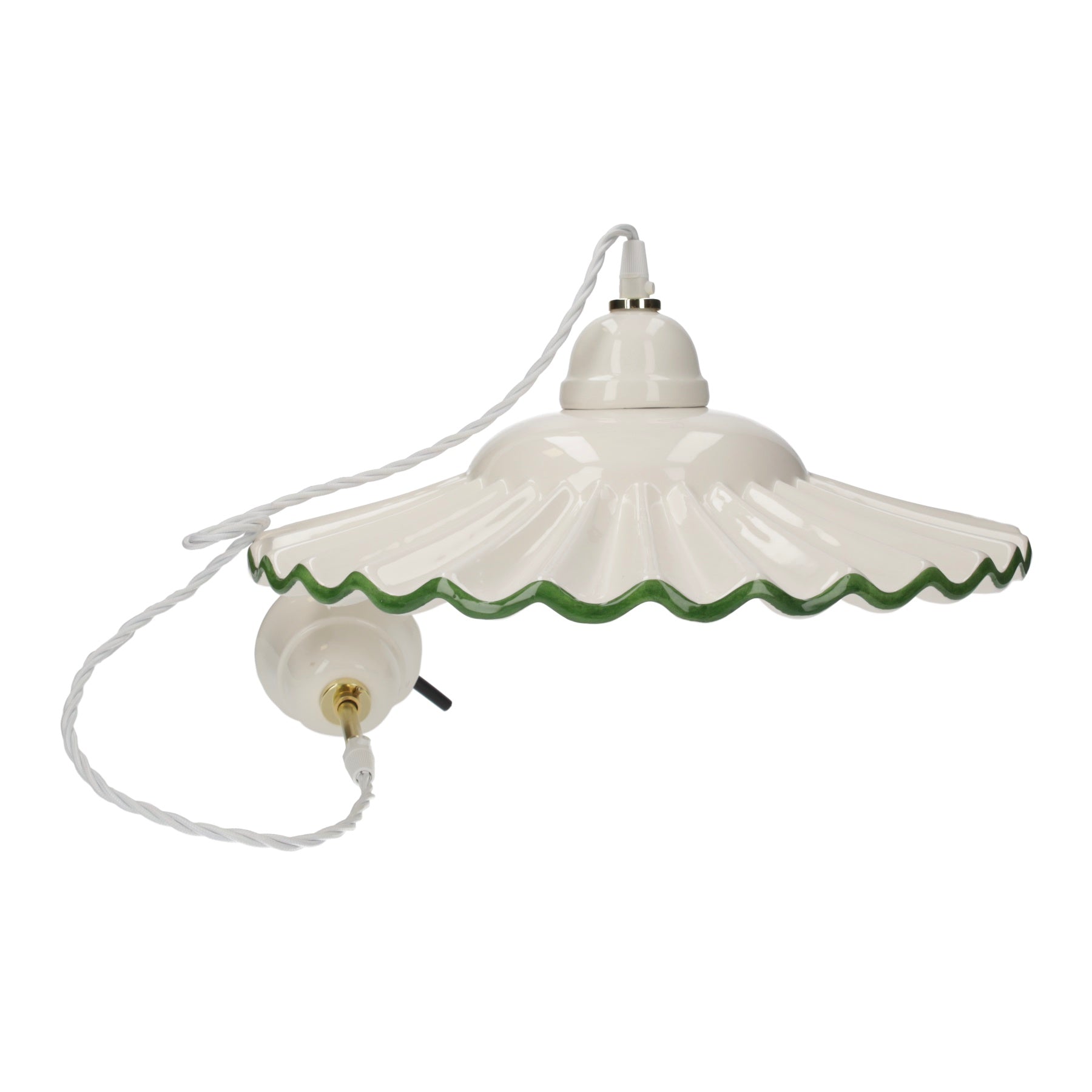 Lampadario Rustico in Ceramica Ondulato Bianco con Bordo Verde