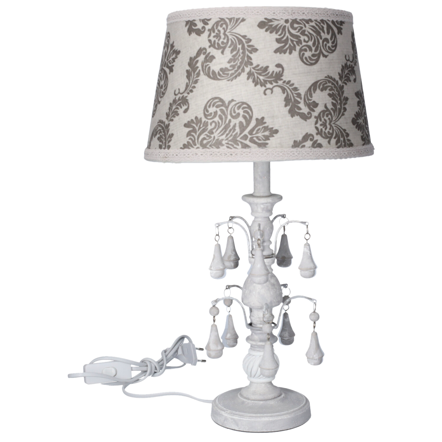 Lampada da comodino shabby chic bianco e grigio con pendagli