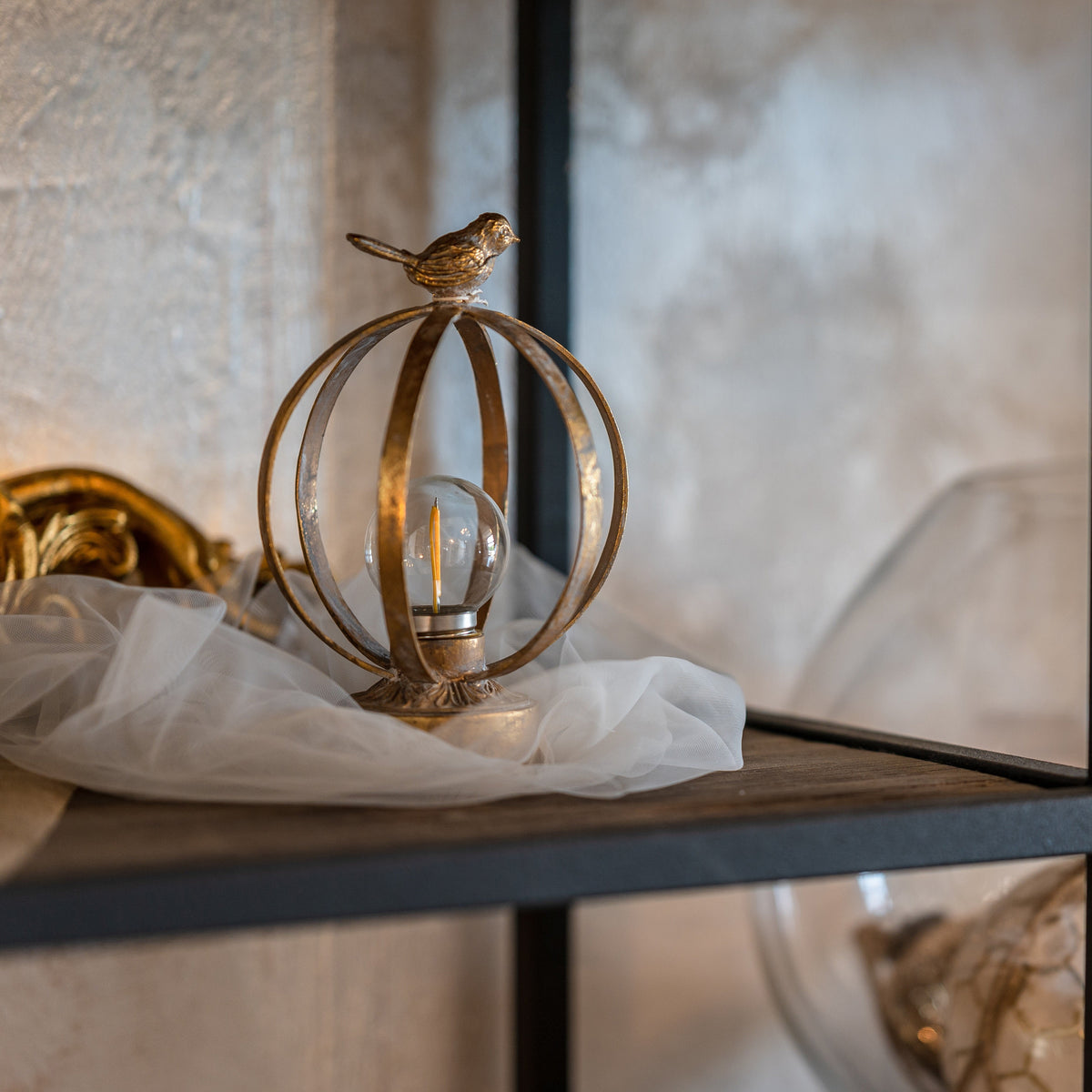 Table Lamp in Gold Metal with Brass Bird Decoration