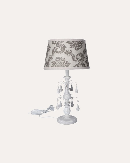 Lampada da comodino shabby chic bianco e grigio con pendagli