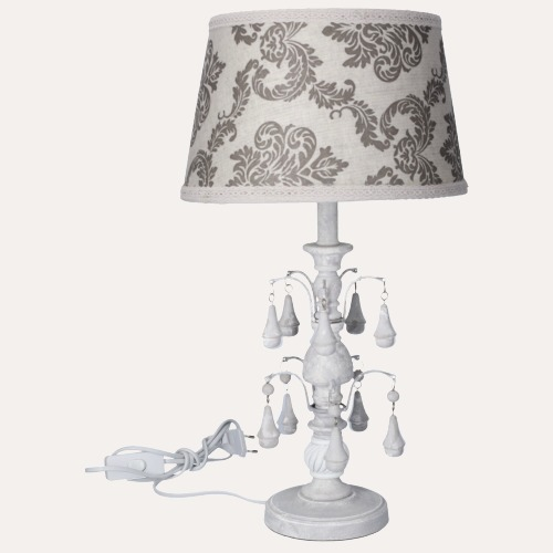 Lampada da comodino shabby chic bianco e grigio con pendagli