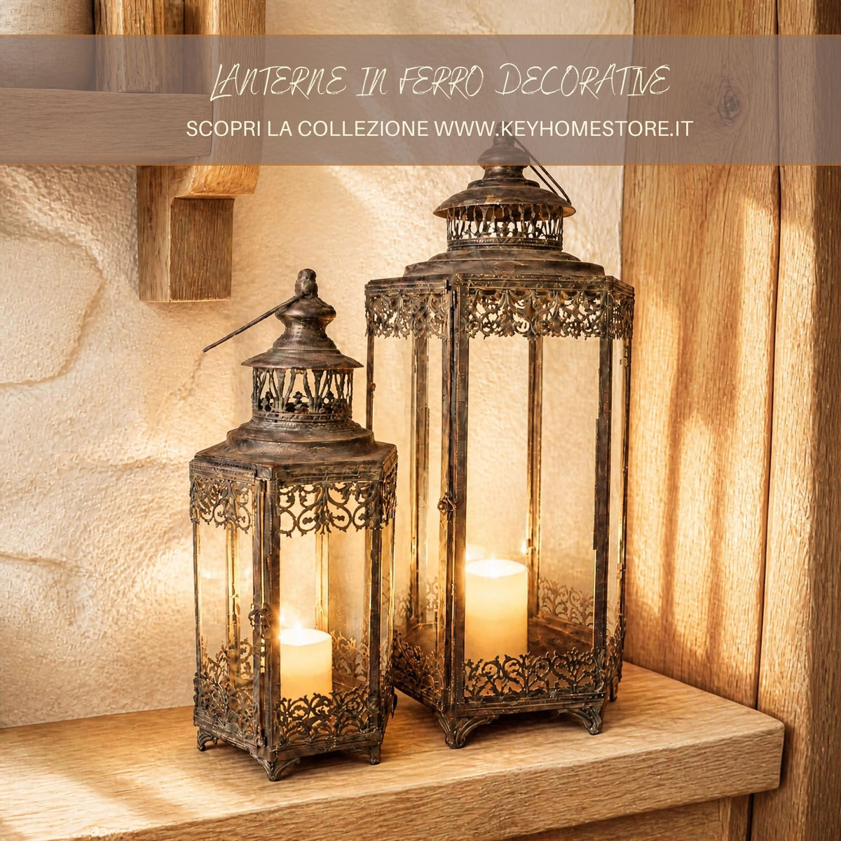 Set 2 Lanterne Decorative in Ferro Grigio Anticato con Vetro