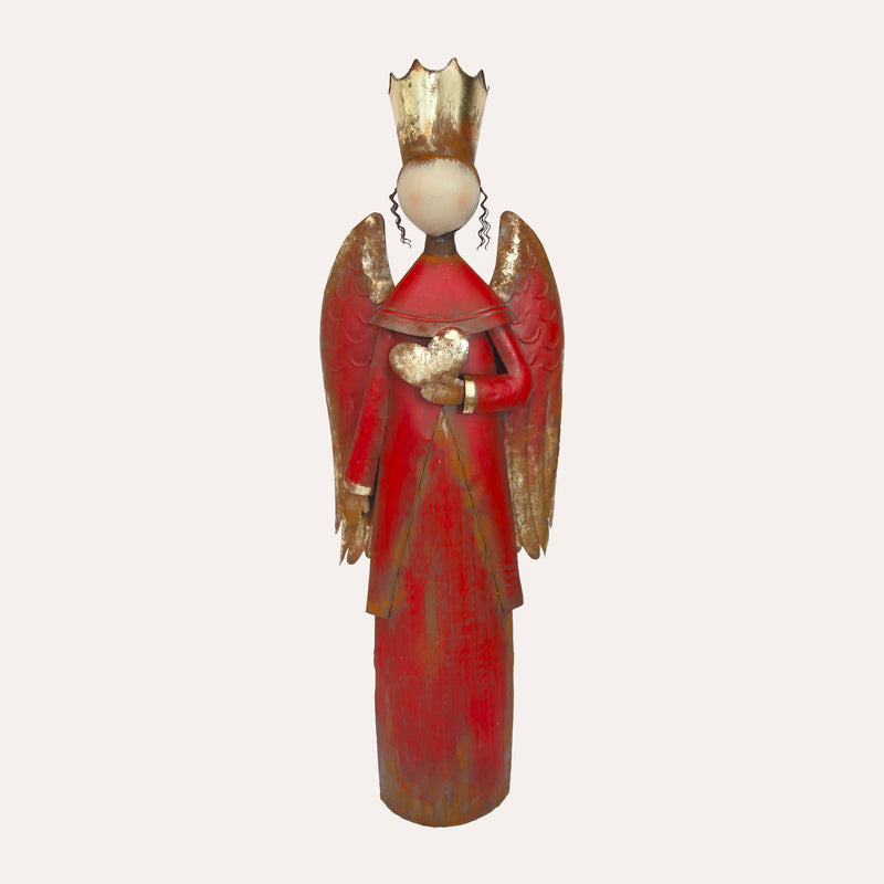 Angelo decorativo natalizio in latta rossa con ali dorate – H 132 cm