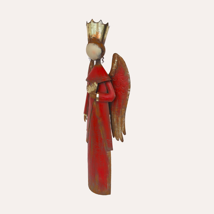 Angelo decorativo natalizio in latta rossa con ali dorate – H 132 cm