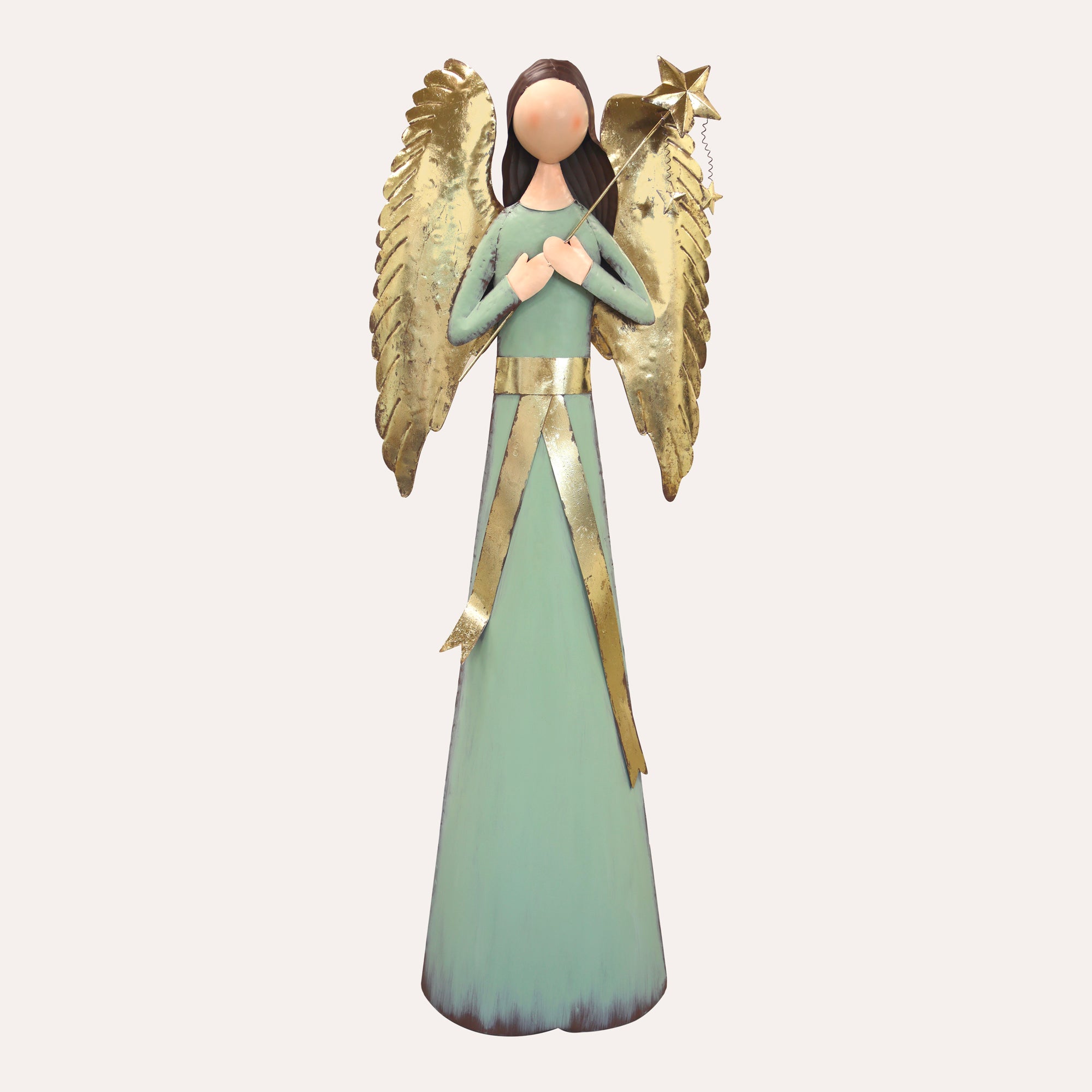Decorative green tin angel with star and golden wings – H 170 cm