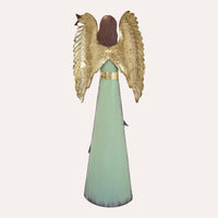 Angelo decorativo in latta verde con stella e ali dorate – H 170 cm