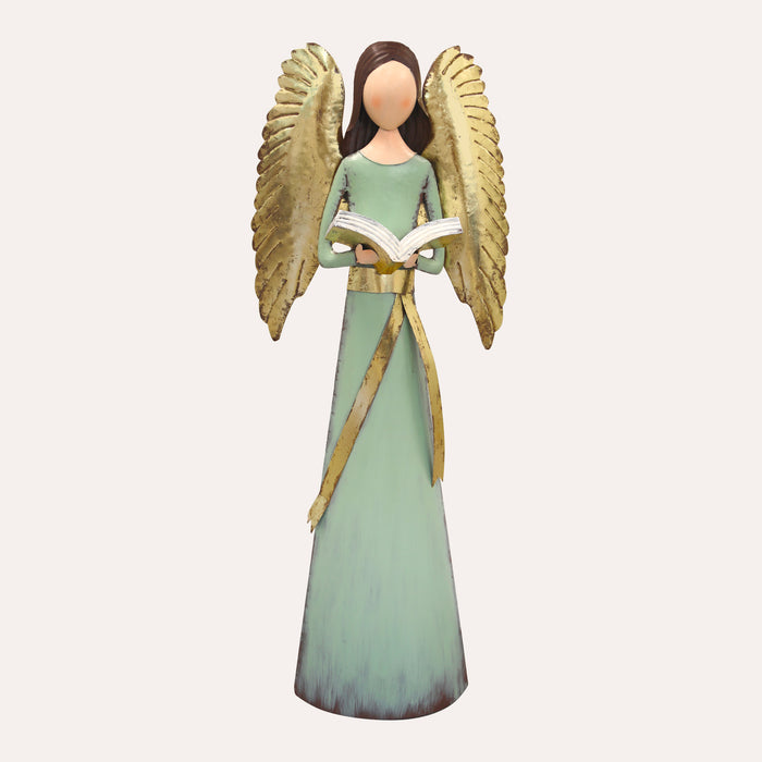 Angelo decorativo in latta verde con libro e ali dorate – H 150 cm