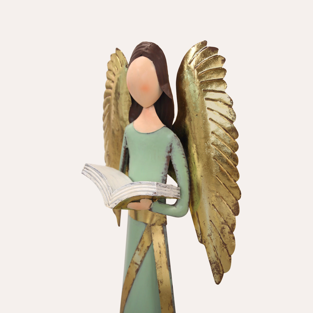 Angelo decorativo in latta verde con libro e ali dorate – H 150 cm