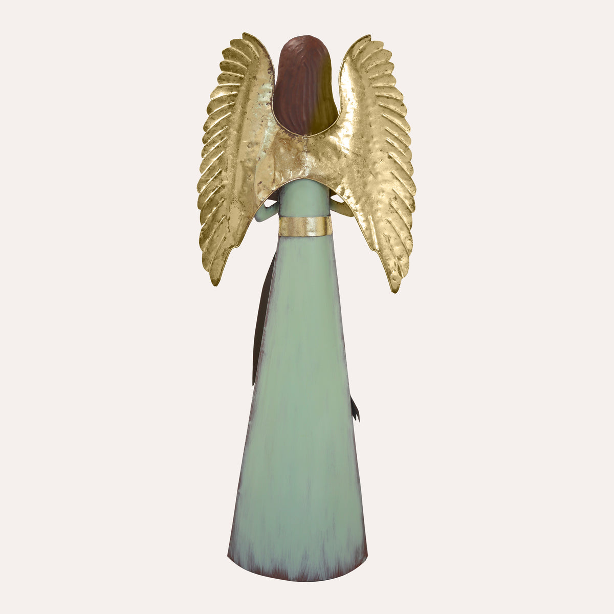 Angelo decorativo in latta verde con libro e ali dorate – H 150 cm