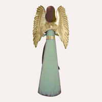Angelo decorativo in latta verde con libro e ali dorate – H 150 cm