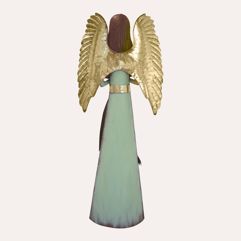 Angelo decorativo in latta verde con libro e ali dorate – H 150 cm