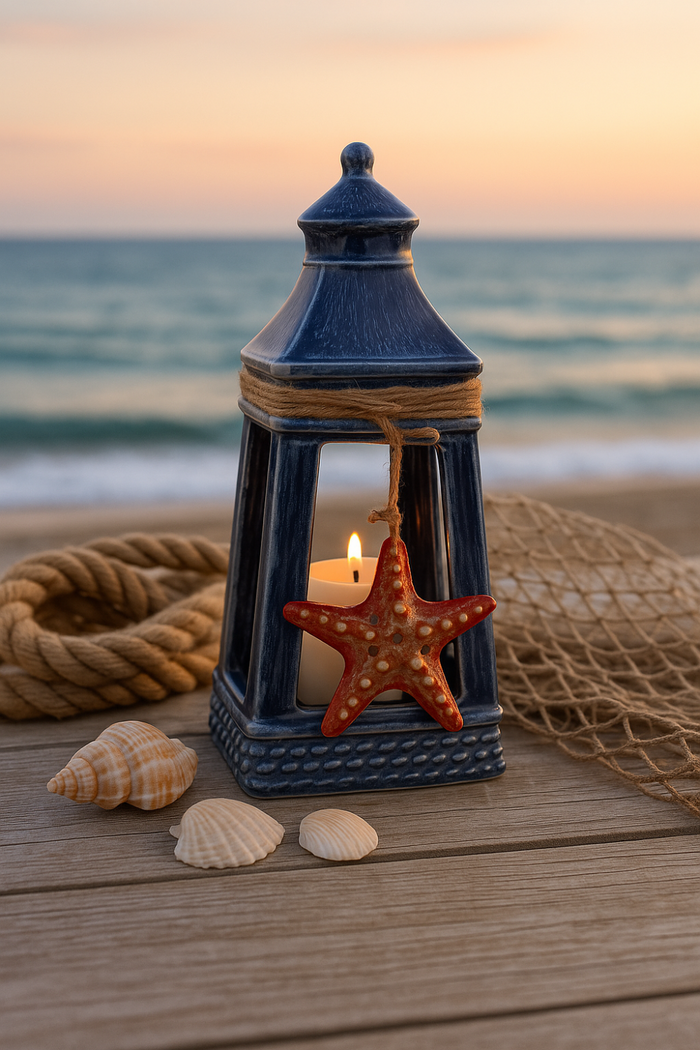 Lanterna in Ceramica Blu con Stella Marina – Decorazione da Mare per Casa e Giardino