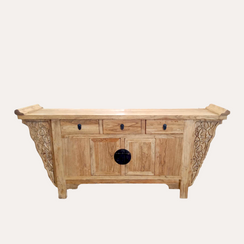 Natural Wood Sideboard 195x45x90H with 3 Drawers, 2 Doors and Inlay Decoration