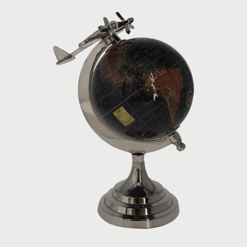 Mappamondo Decorativo con Aereo, soprammobile per Scrivanie e Ufficio – H27 x D20 cm