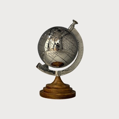 Decorative metal globe with wooden base, ornament for desks and shelves, H 28 x D 20 cm 