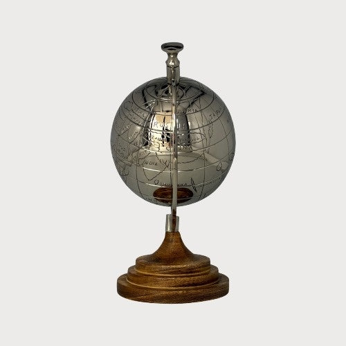 Mappamondo decorativo in metallo con base in legno, soprammobile per scrivanie e mensole, H 28 x D 20 cm